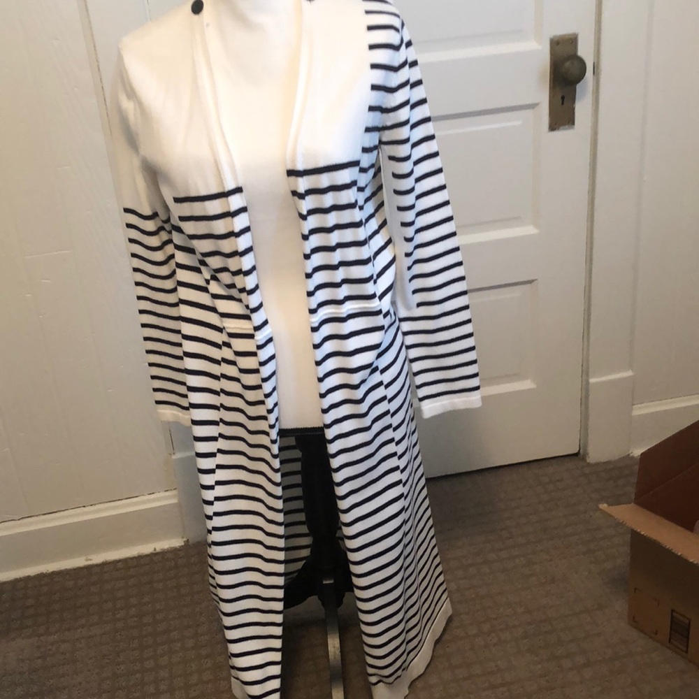 CAbi Long Cardigan Navy and White Size M